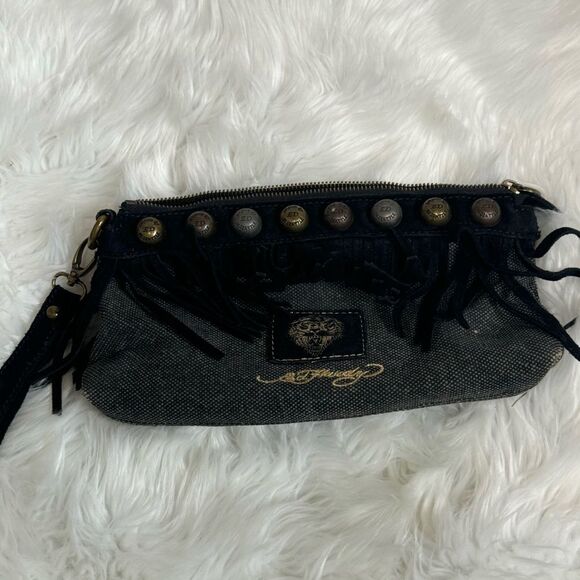 Ed Hardy Vintage Black Cow Leather Canvas Fringe Studded Clutch Wristlet - Picture 4 of 17